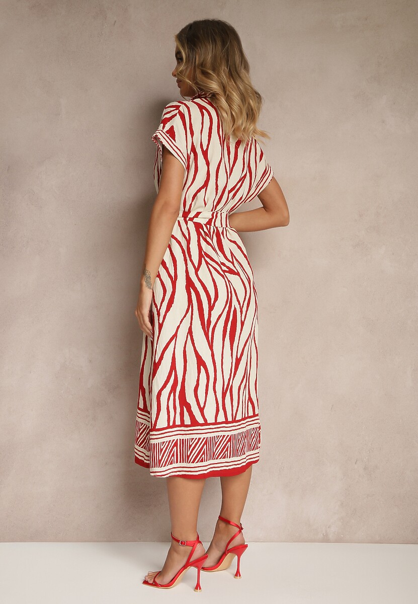 Czerwona Sukienka o Koszulowym Kroju z Wiskozą z Paskiem z Klamrą Gebbie