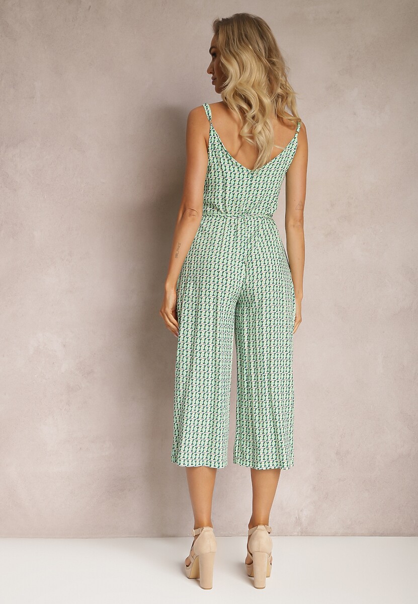 Jasnozielony Kombinezon o Długości 3/4 z Paskiem w Geometryczny Wzór Ventoria