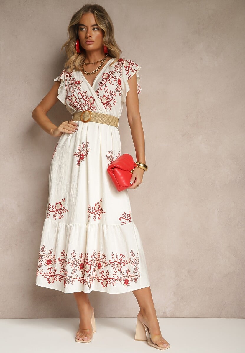 Biało-Czerwona Kopertowa Sukienka z Wiskozy Ozdobiona Haftem i Paskiem Nilatea