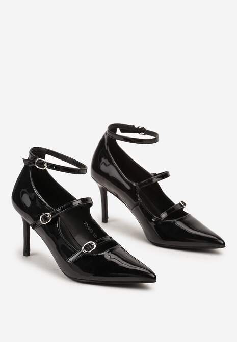 Czarne Lakierowane Czółenka na Szpilce Zapinane przy Kostce na Sprzączkę Rexilia