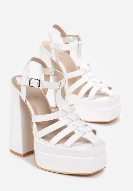 Białe Sandały na Wysokim Słupku i Platformie z Kwadratowym Noskiem i Sprzączką Lakota