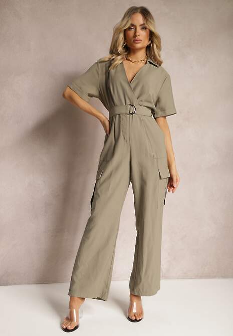 Ciemnozielony Długi Kombinezon w Stylu Utility z Kieszeniami Cargo Paskiem i Kołnierzykiem Qillilena