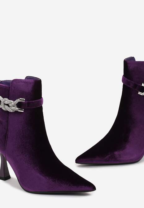 Fioletowe Botki z Welurowego Materiału na Geometrycznej Szpilce z Ozdobą z Cyrkoniami Christe
