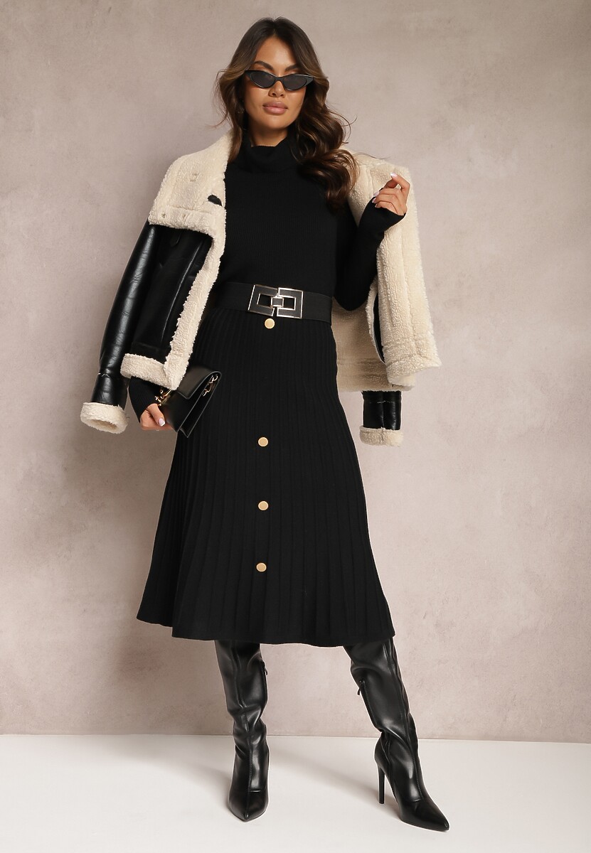 Czarna Rozkloszowana Spódnica Midi z Szerokimi Prążkami i Ozdobnymi Guzikami Sussurro