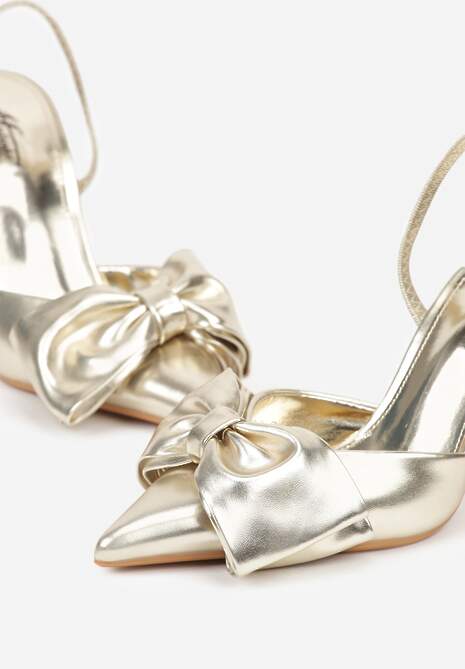 Złote Sandały na Szpilce Slingback Ozdobione Kokardą Terrafera