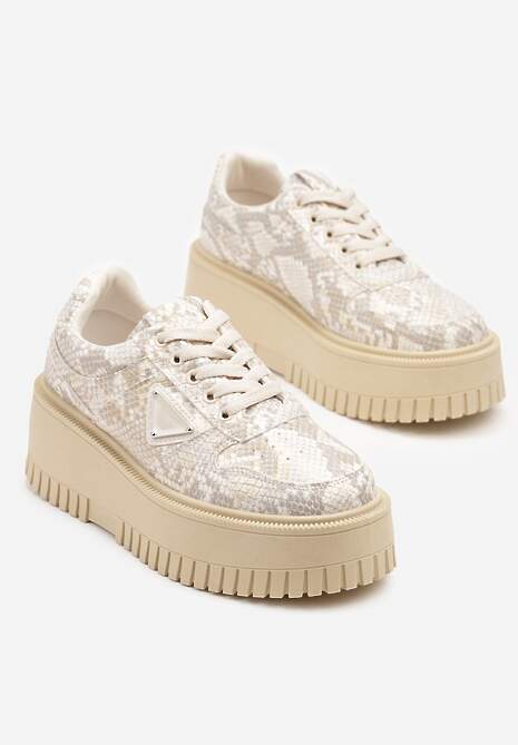 Beżowe Sneakersy na Platformie z Tłoczeniem Ozdobione Wężowym Printem Halinea