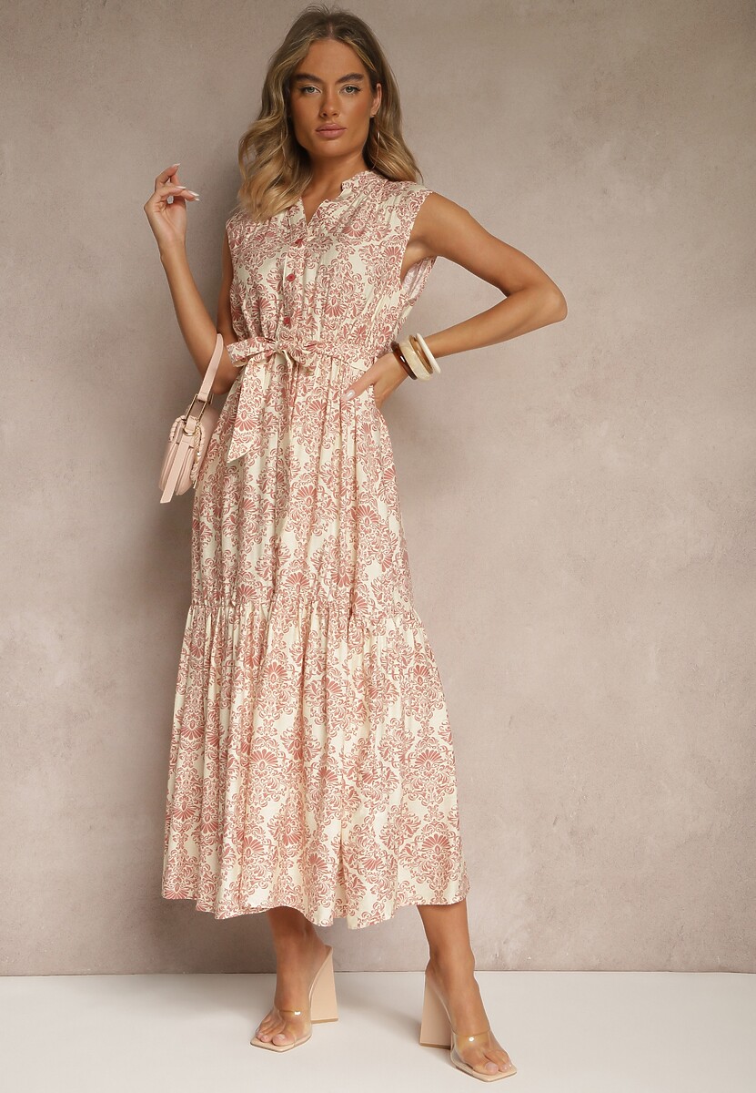 Różowa Sukienka z Wiskozy Bez Rękawów z Paskiem z Wiązaniem Filanesse