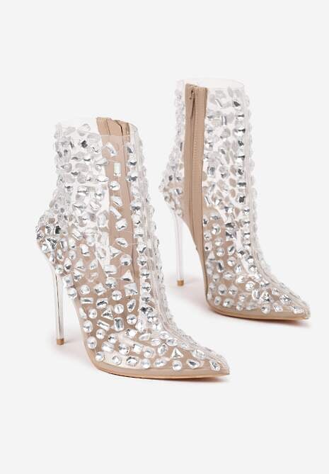 Beżowe Eleganckie Przezroczyste Botki na Szpilce z Kryształkami Ravista