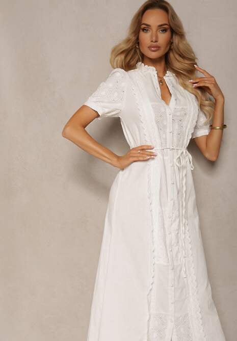 Biała Bawełniana Sukienka z Paskiem Ozdobiona Koronką Virona