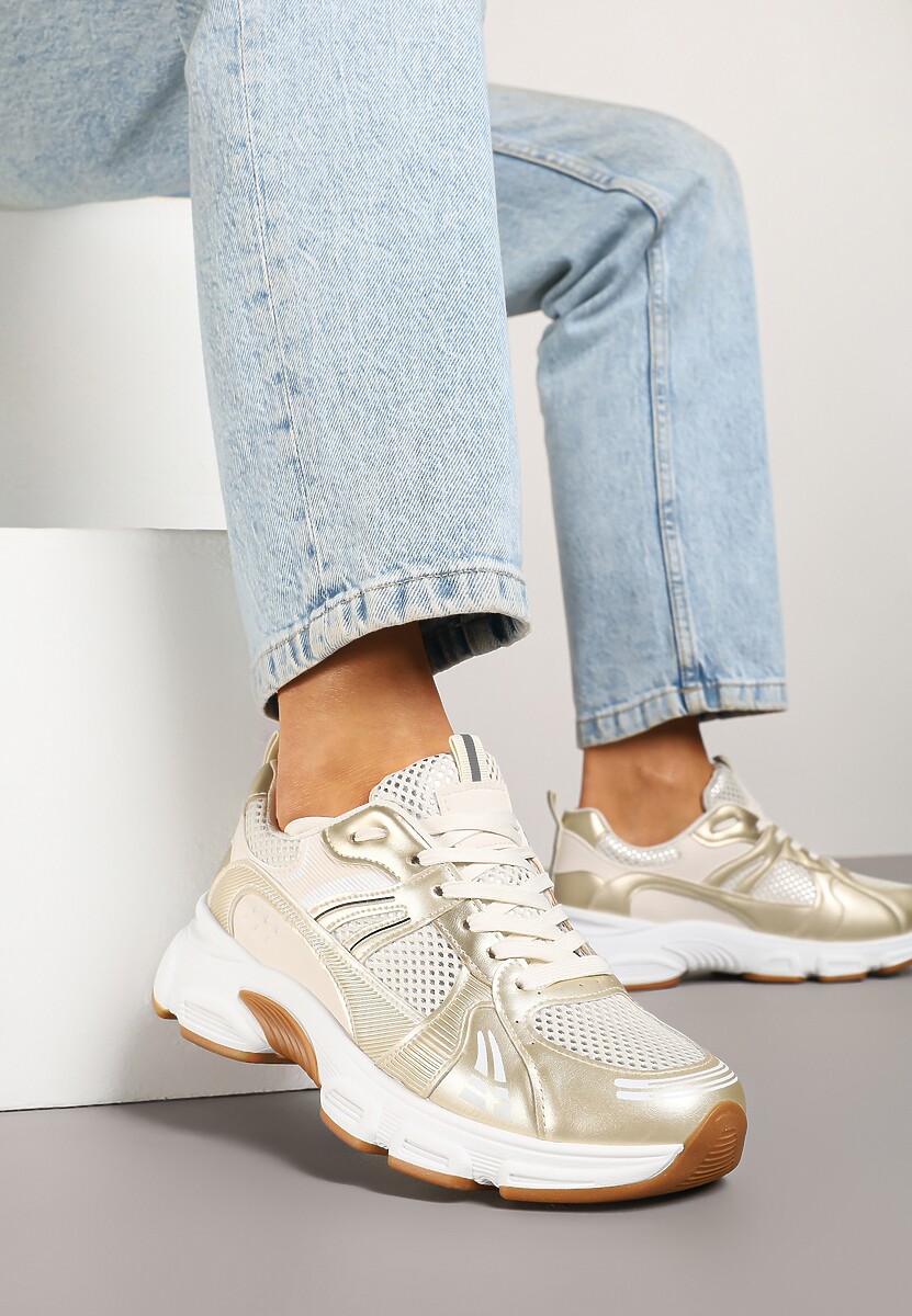 Beżowe Streetwearowe Sneakersy ze Wstawkami z Siateczki Deylisse