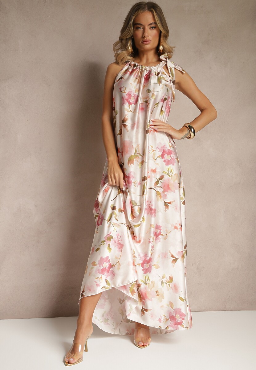 Różowa Sukienka z Satyny w Kwiatowy Wzór Fenimea