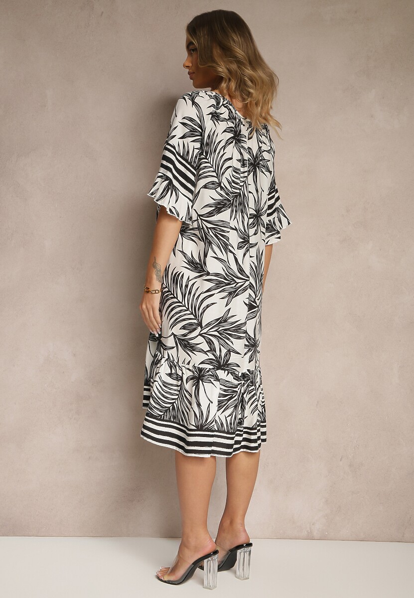 Biała Pudełkowa Sukienka Zdobiona Roślinnym Printem i Wiązaniem przy Dekolcie Miranissa