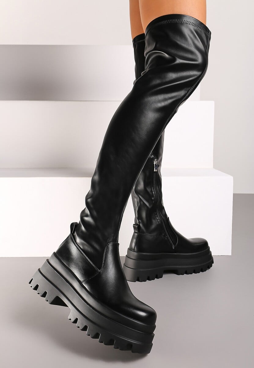 Czarne Dopasowane Kozaki za Kolano na Platformie w Stylu Grunge Irinalla