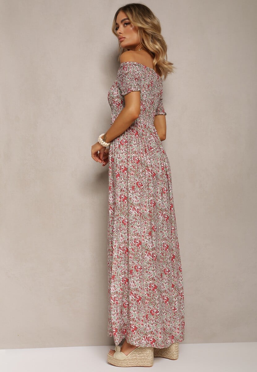 Różowa Długa Sukienka Bawełniana Hiszpanka w Kwiatowy Wzór Nrosa