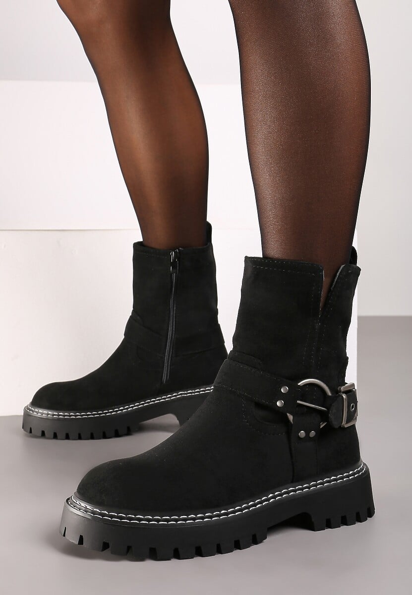 Czarne Płaskie Botki w Stylu Biker Ozdobione Klamrami i Paskami Terinene