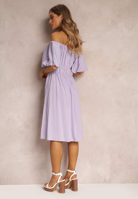 Fioletowa Sukienka Midi Hiszpanka z Wiskozy z Odkrytymi Ramionami i Gumką w Talii Tasete