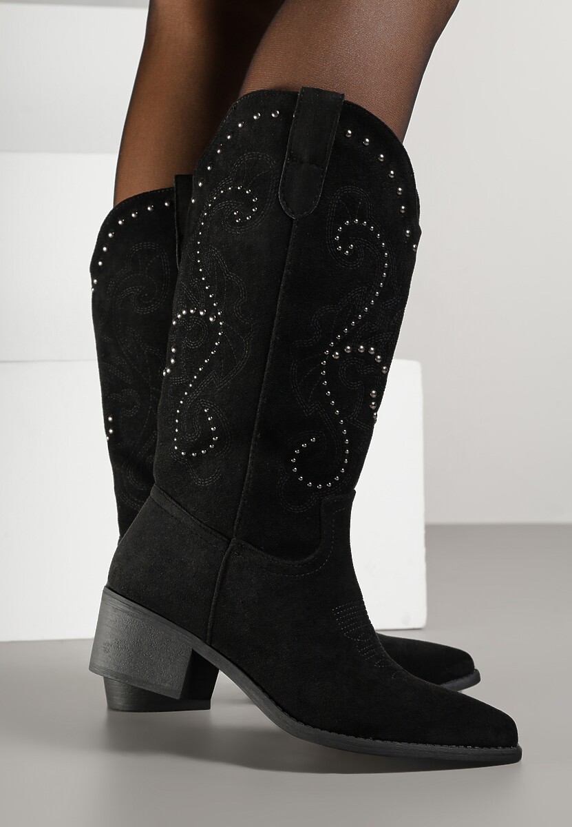 Czarne Kozaki Kowbojki na Słupku z Nitami i Haftem przy Cholewce Nuvitta