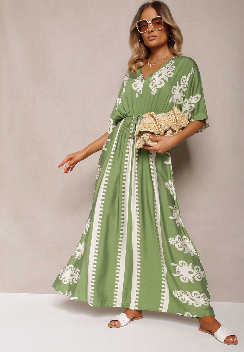 Zielona Sukienka Taliowana z Bawełny z Gumką w Pasie Rivaq
