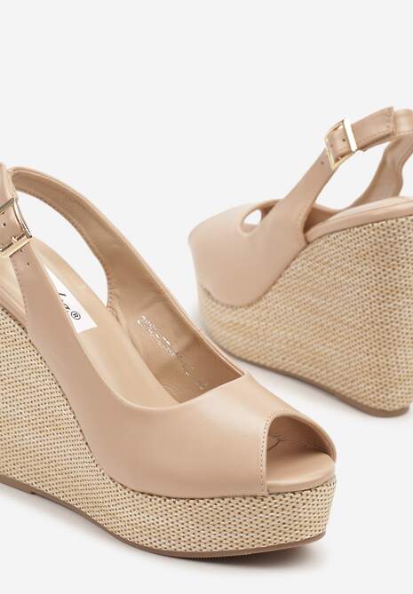 Beżowe Sandały na Platformie i Koturnie z Plecionką Eviliora