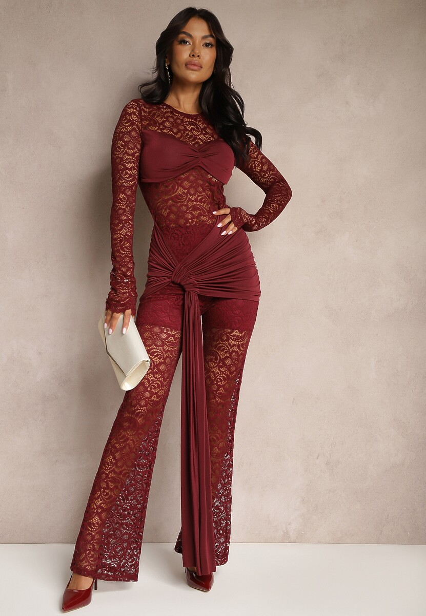 Bordowy Komplet z Koronki Zdobiony Trenem Spodnie o Szerokim Kroju i Bluzka Longsleeve Feladi
