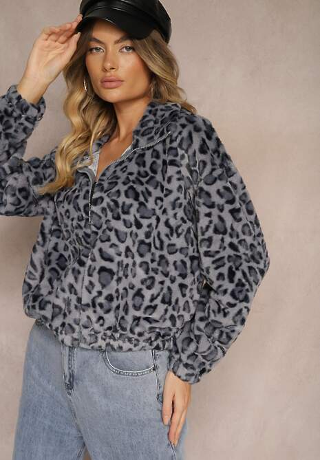 Szara Futerkowa Kurtka w Panterkowy Print o Klasycznym Kroju ze Stójką i Kieszeniami Belabine