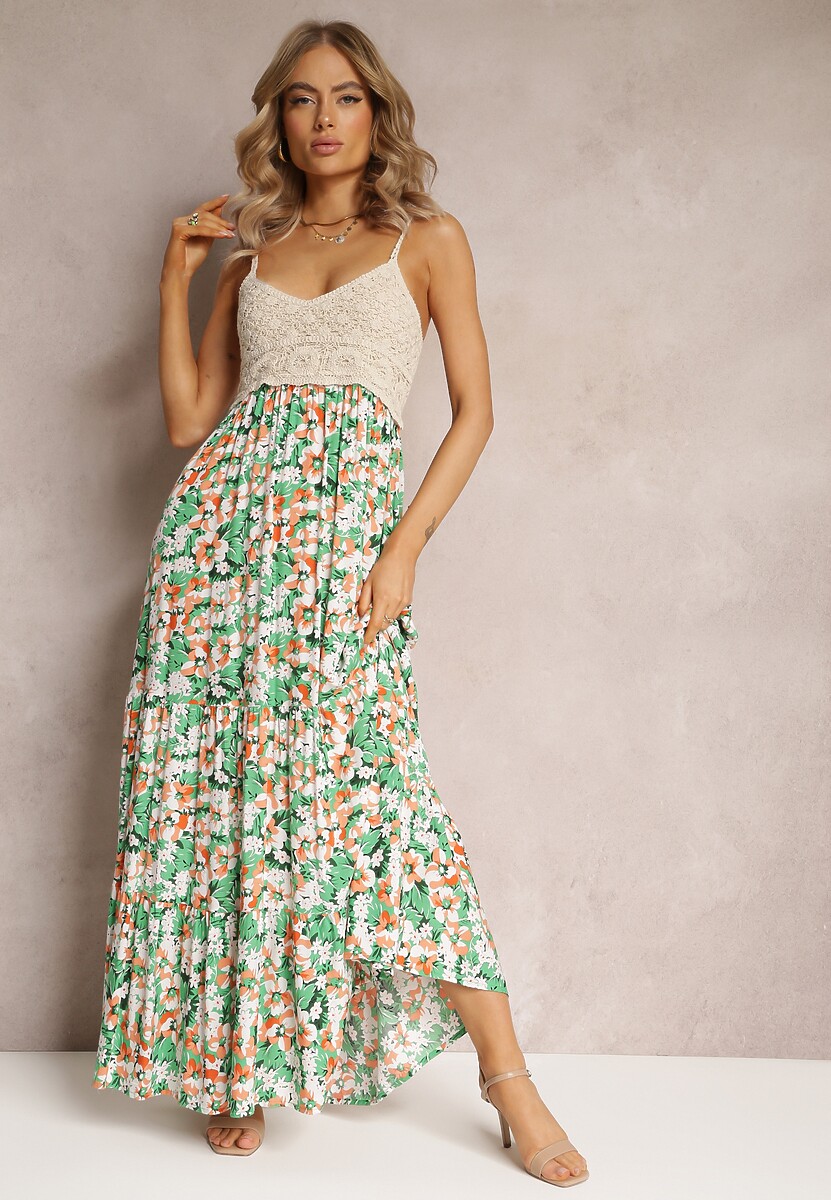 Zielona Wiskozowa Sukienka Maxi o Rozkloszowanym kroju na Cienkich Ramiączkach w Kwiaty Netela