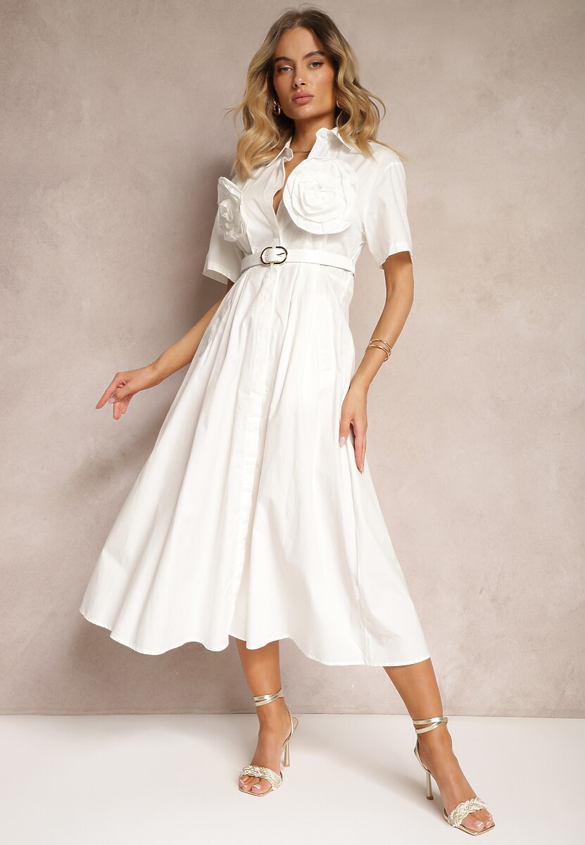 Jasnoniebieska Rozkloszowana Sukienka z Bawełny z Kwiatami na Rękawach i Paskiem w Talii Andronea