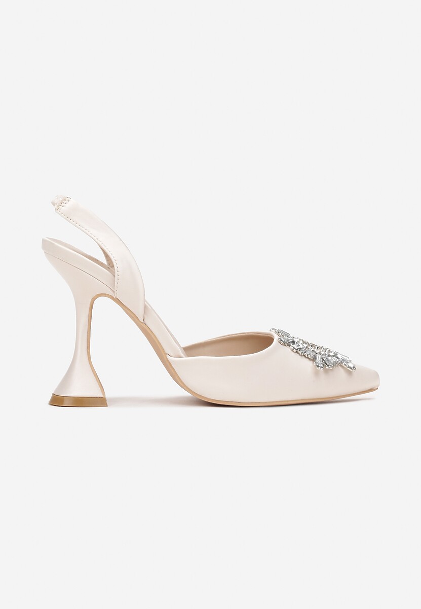 Beżowe Sandały na Obcasie Klepsydra z Paskiem z Gumką i Kryształkami Alatria