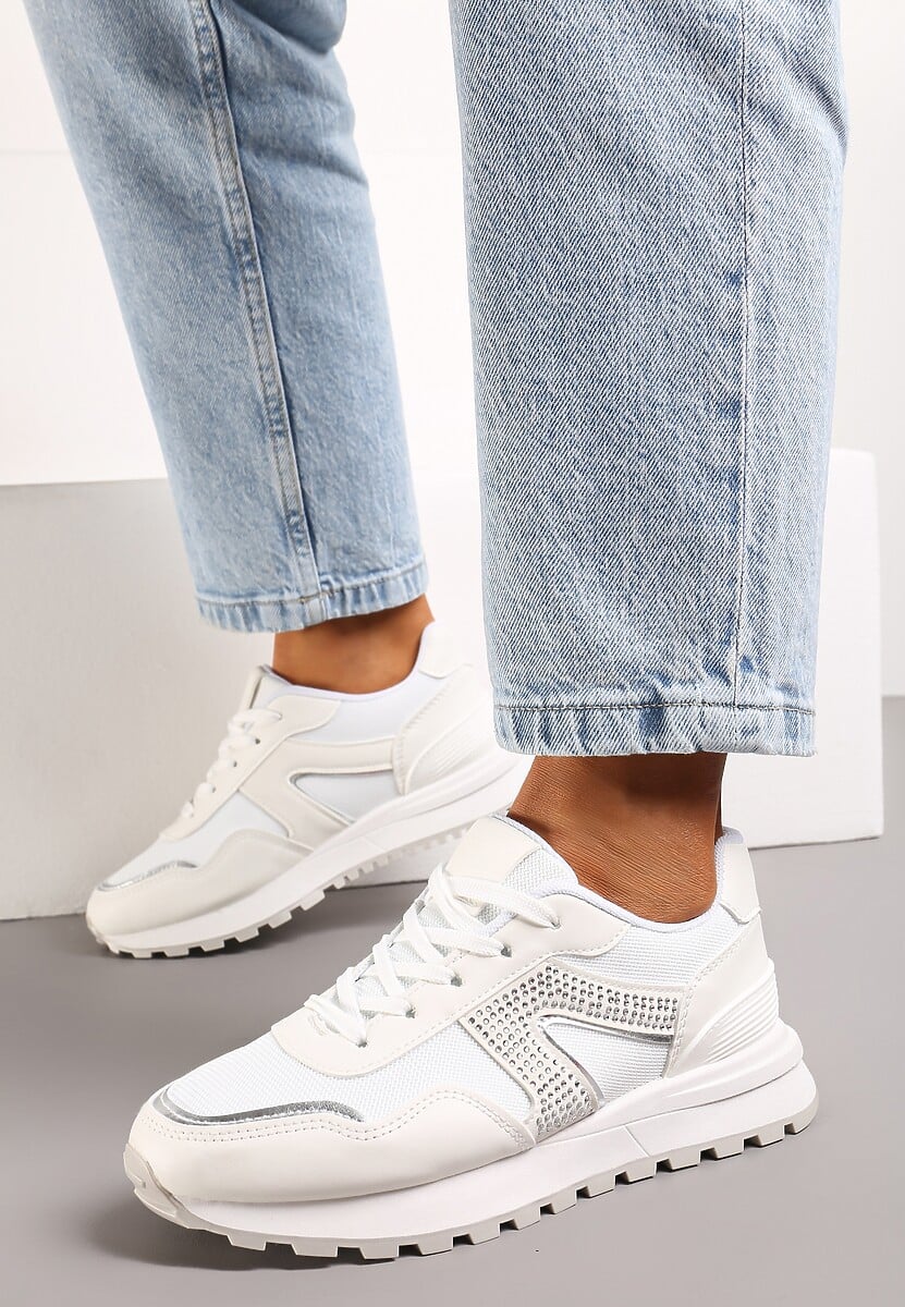 Białe Sneakersy z Cholewką przed Kostkę z Aplikacją z Cyrkonii Velvettes