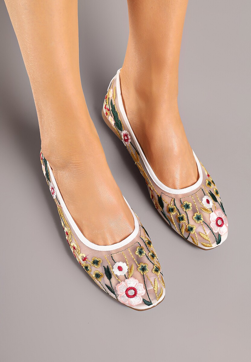 Białe Haftowane Balerinki z Siateczki z Kwiatowym Motywem Feviane