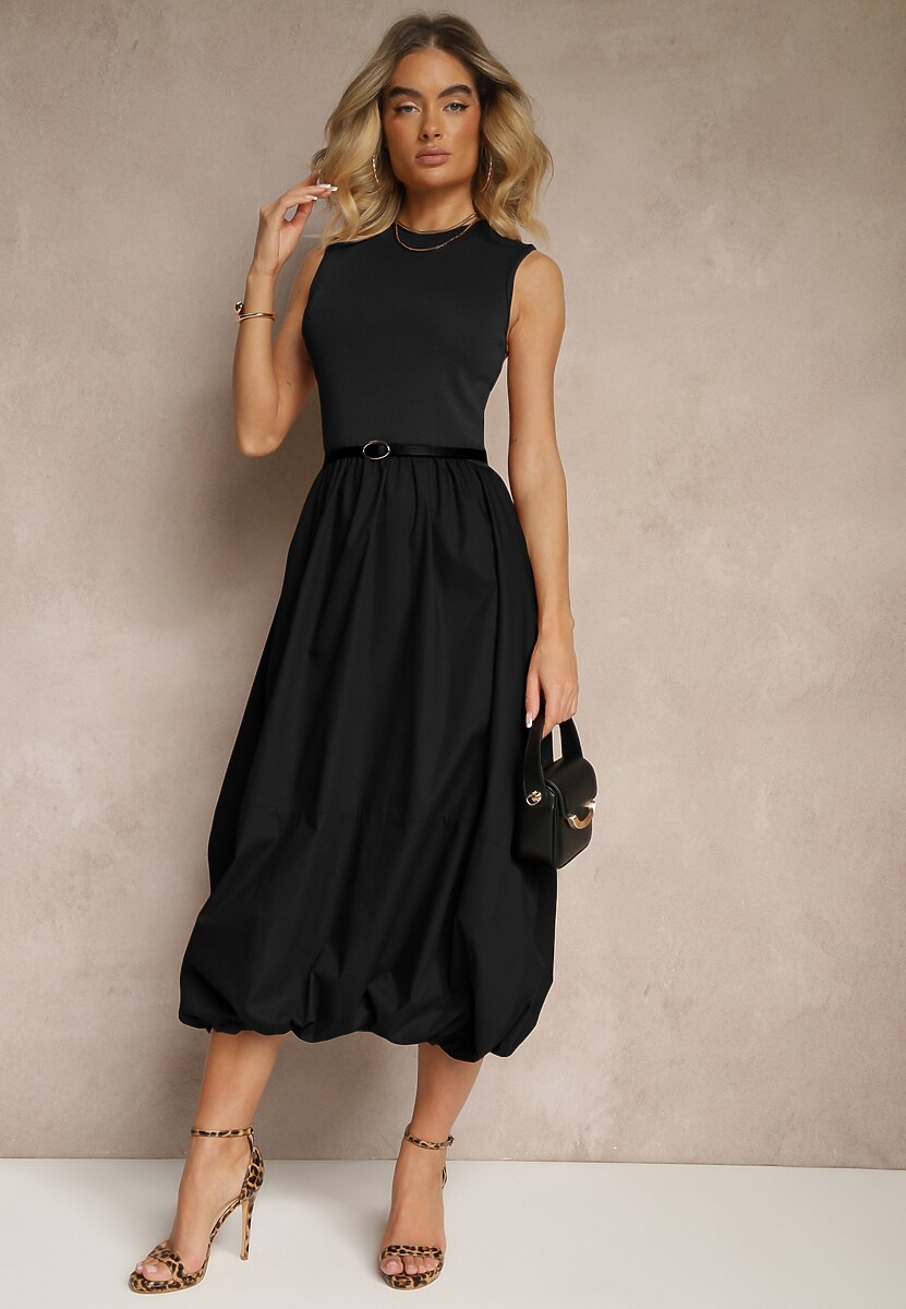 Brązowa Sukienka z Wiskozy o Fasonie Balloon z Eleganckim Paskiem z Klamerką Stelliia