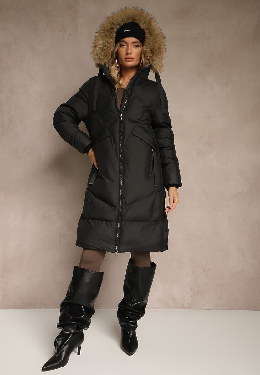 Ciemnobeżowa Kurtka z Pikowanymi Przeszyciami i Kapturem z Futrem Alandrie