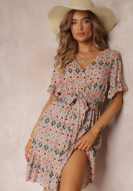 Jasnoróżowa Sukienka Mini z Gumką w Pasie i Falbanką z Wiskozy Ellison