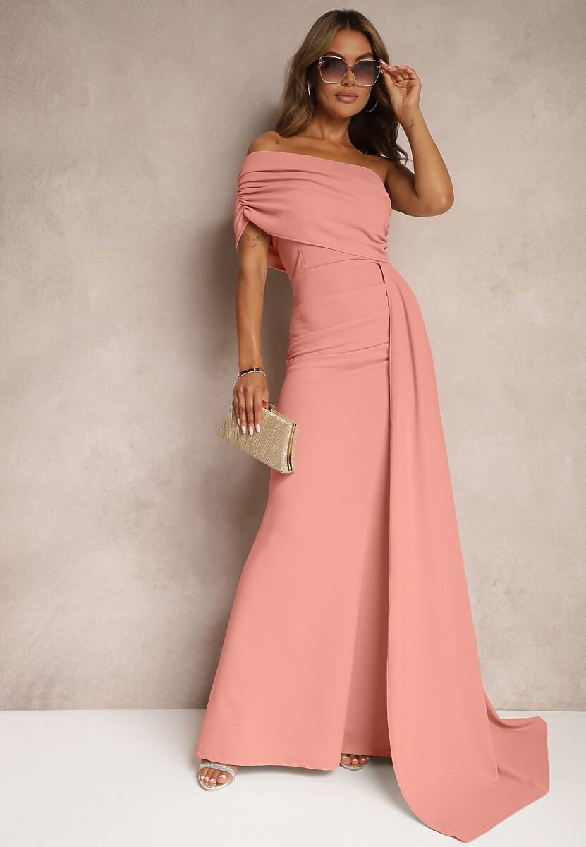 Różowa Sukienka Maxi bez Ramiączek z Ozdobnym Trenem i Marszczeniem Kaliel