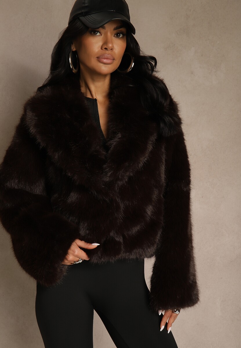 Brązowa Kurtka Futerko Ozdobione Kołnierzem Wedarea