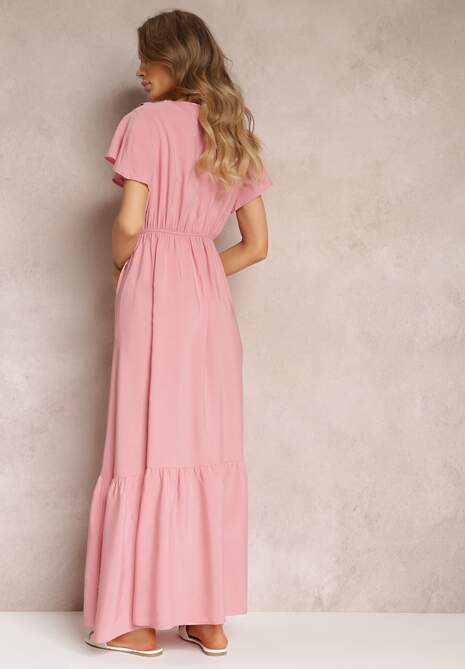 Różowa Sukienka Maxi z Kopertowym Dekoltem i Gumką w Talii Broka