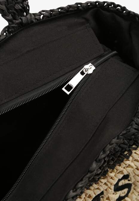 Beżowo-Czarna Pleciona Torebka w Stylu Boho Ozdobiona Napisem Oegelia