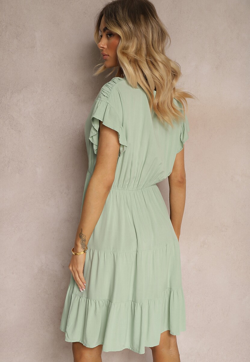 Miętowa Sukienka Wiązana Materiałowym Paskiem z Gumką w Talii i Falbanką Tiamari