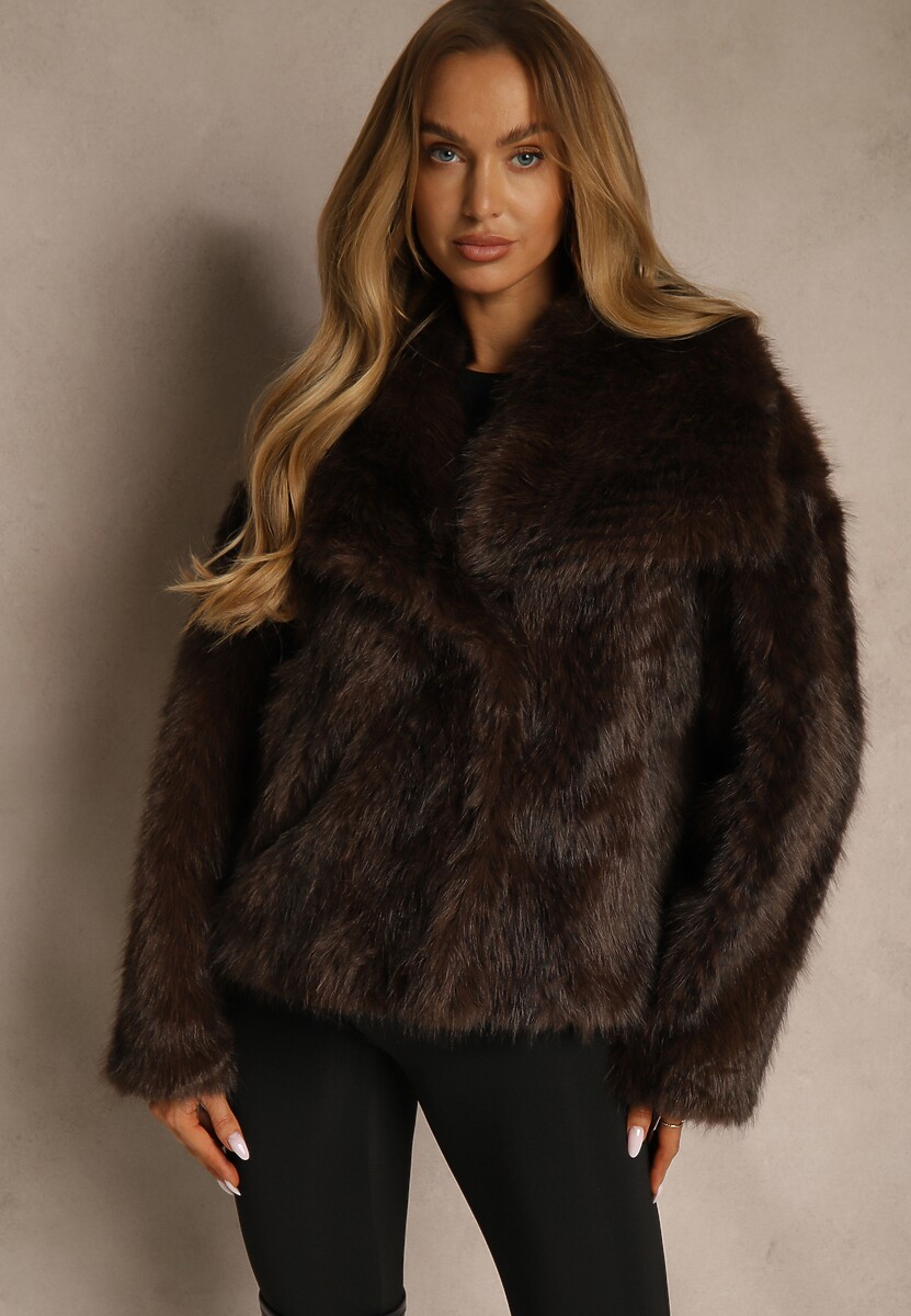 Brązowa Kurtka Futerko Ozdobione Cieniowanym Motywem Monideva