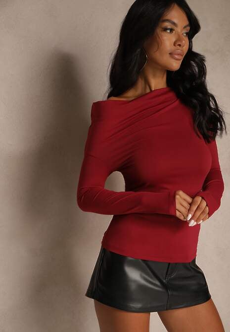 Bordowa Bluzka Longsleeve Vices z Asymetrycznym Dekoltem Fertie