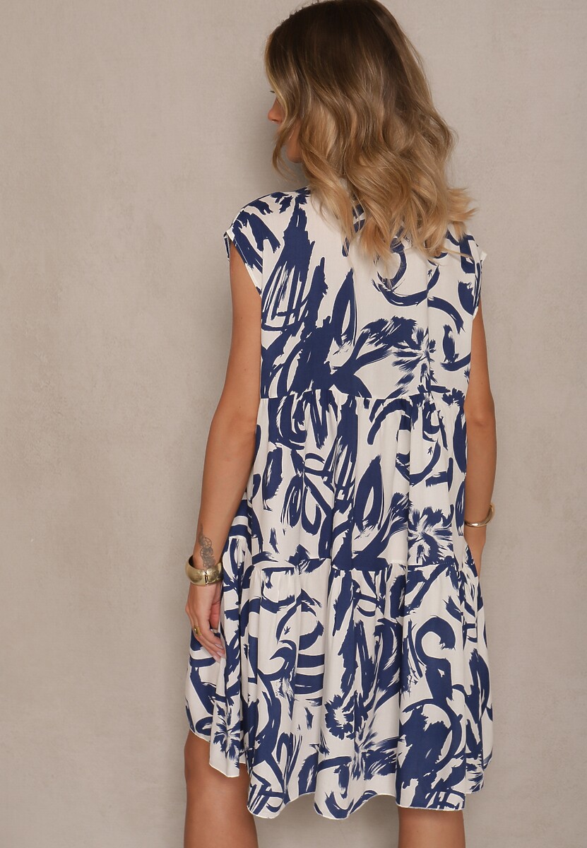 Niebieska Sukienka z Bawełny Ozdobiona Abstrakcyjnym Motywem Lisovia