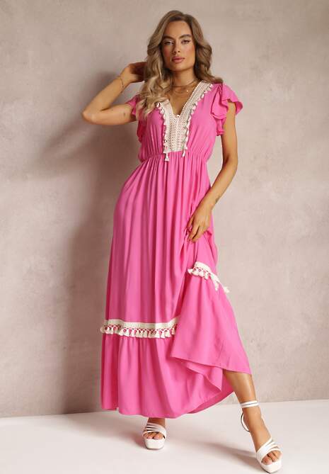 Fuksjowa Wiskozowa Maxi Sukienka z Frędzlami i Wiązaniem przy Dekolcie Rosania