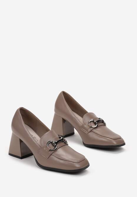 Beżowe Półbuty Loafersy na Słupku z Wkładką ze Skóry Naturalnej Amfira