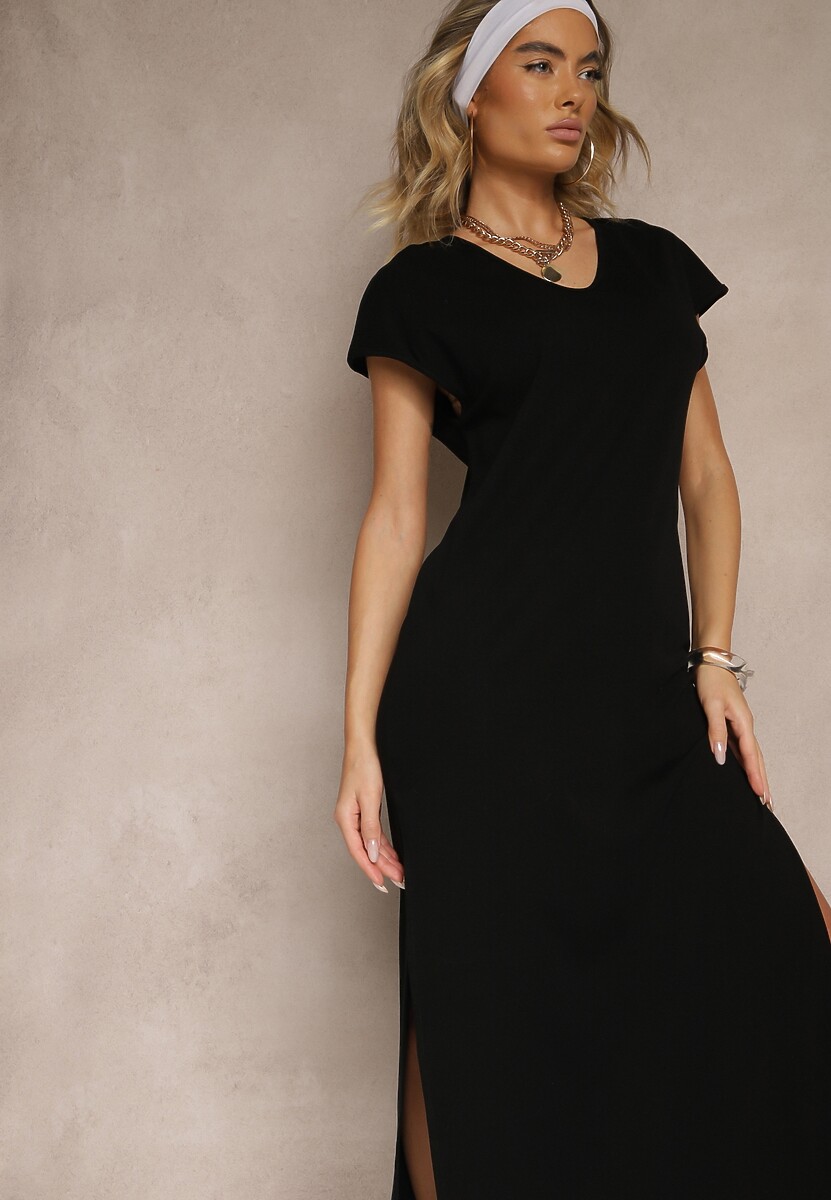 Pomarańczowa Sukienka z Bawełny o Pudełkowym Kroju i Dekolcie w V i Rozcięciami Natindra