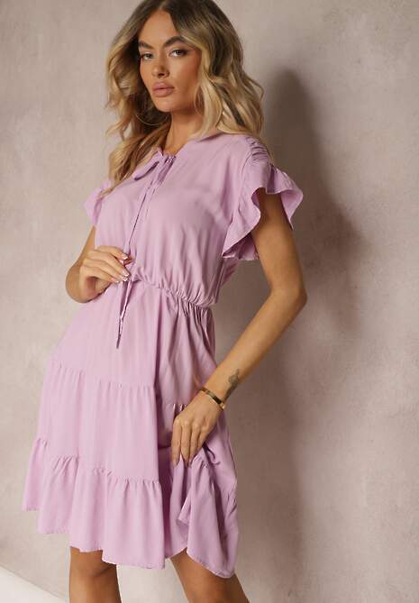 Fioletowa Sukienka Wiązana Materiałowym Paskiem z Gumką w Talii i Falbanką Tiamari