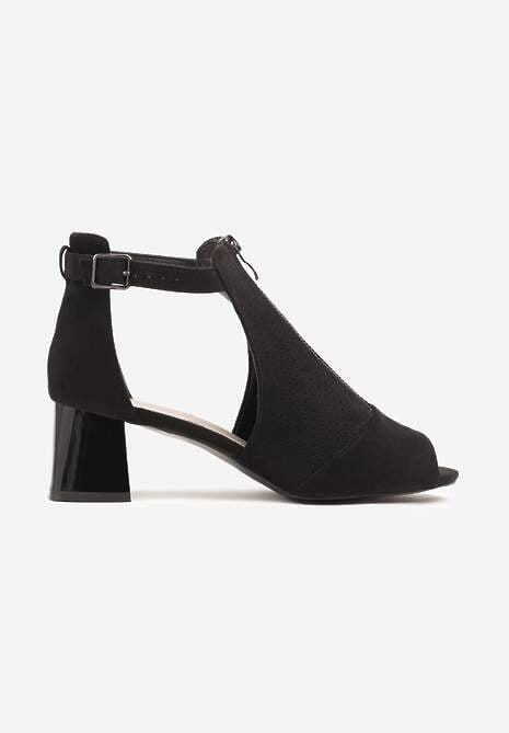 Czarne Sandały na Słupku ze Skórzaną Wkładką Ozdobione Suwakiem i Perforacją Ciaralira