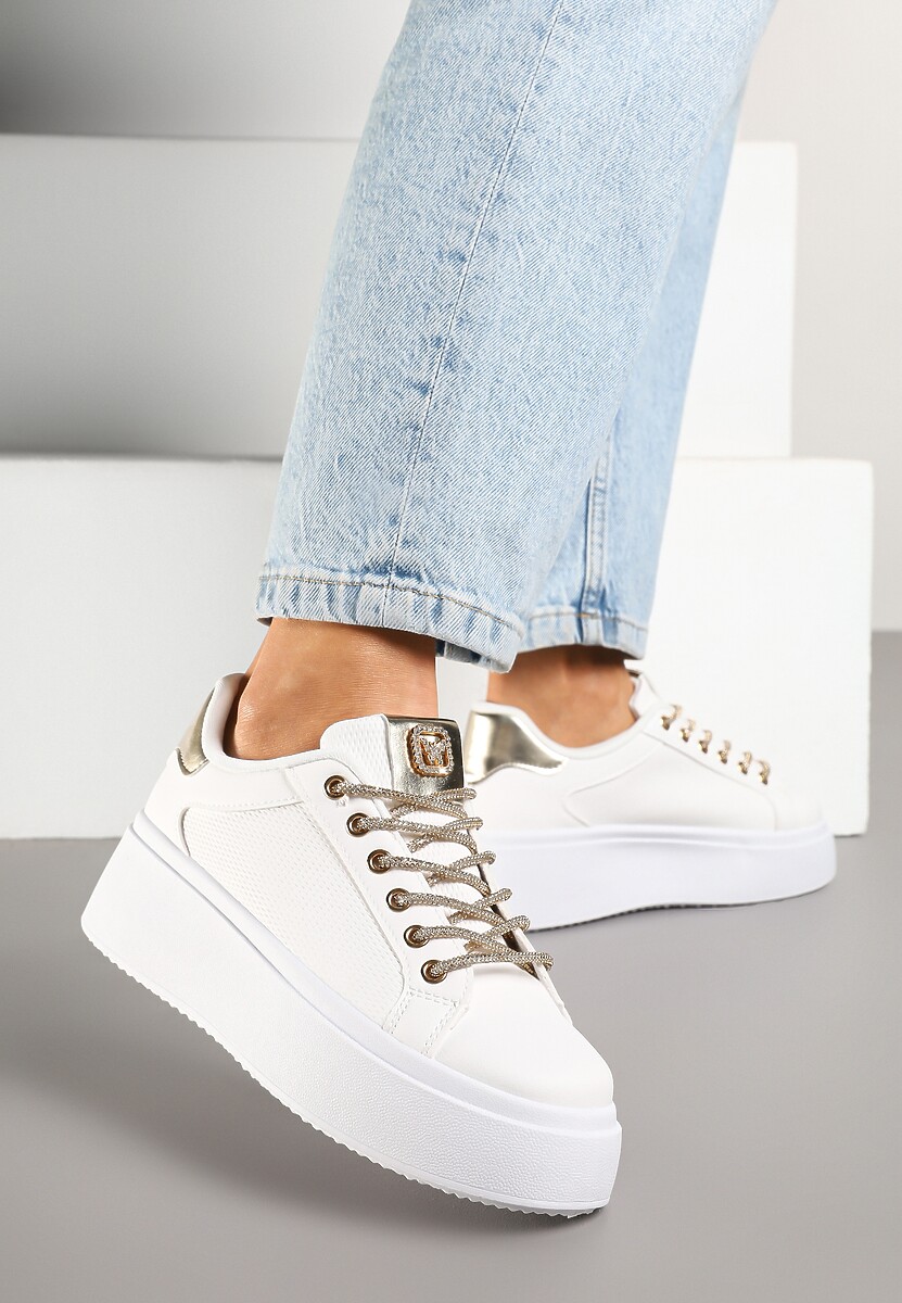 Białe Sneakersy na Platformie z Siateczką i Cyrkoniowym Sznurowaniem Warelna