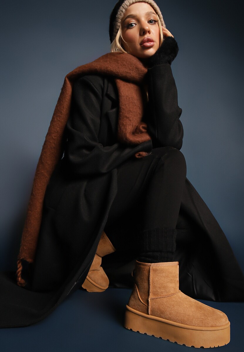 Beżowe Śniegowce za Kostkę na Platformie Ocieplane Futerkiem Divena