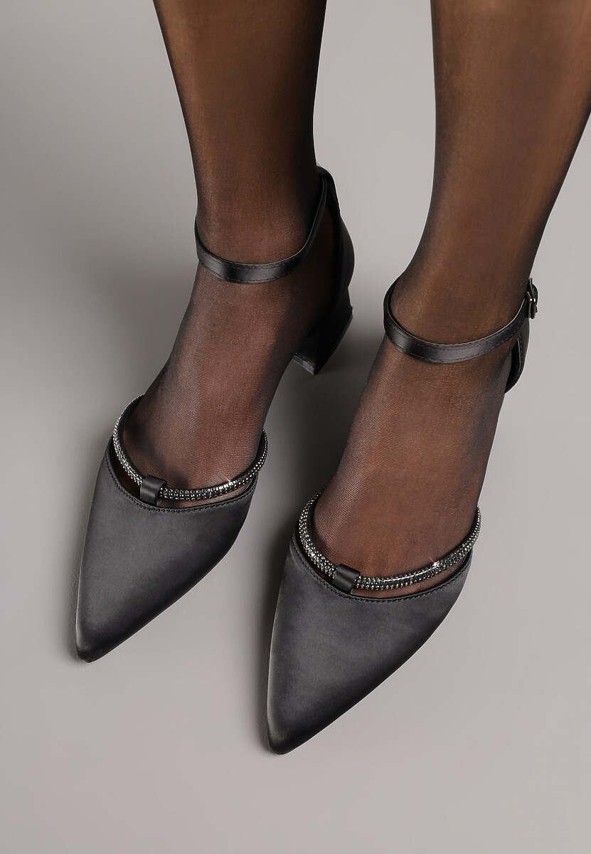 Czarne Czółenka Satynowe Vices na Słupku z Wkładką ze Skóry Naturalnej i Cyrkoniami Learetha