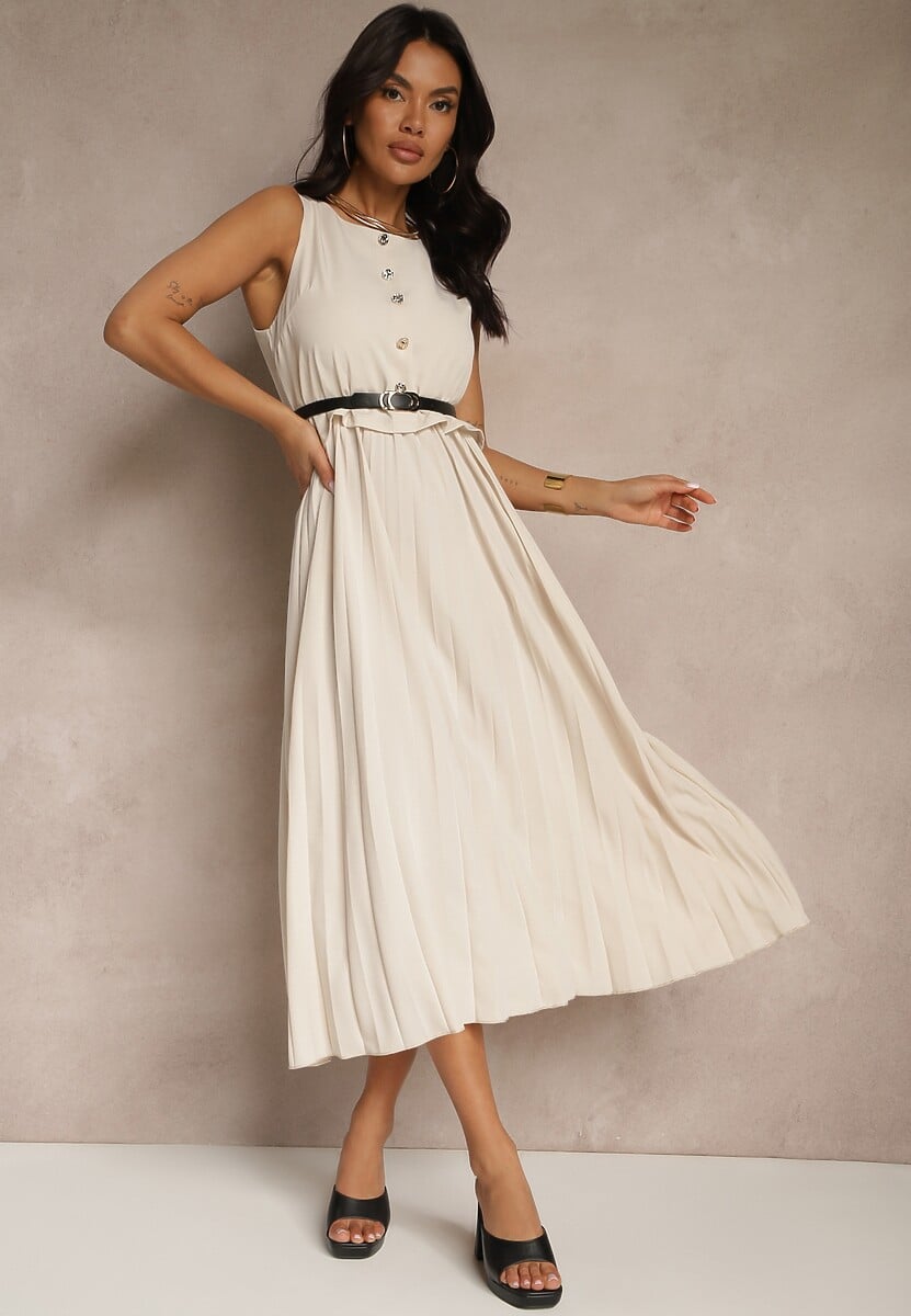 Ciemnobeżowa Plisowana Sukienka o Rozkloszowanym Kroju Bez Rękawów z Paskiem z Klamrą Iffule